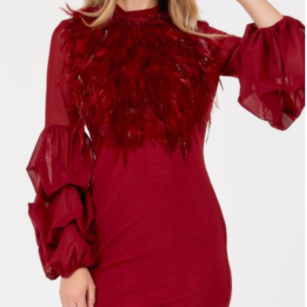 FEATHER TRIM FR TACKING SLEEVE BODYCON DRESS